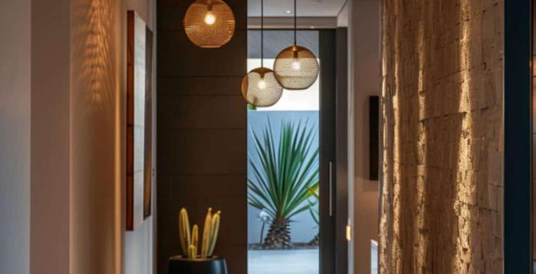 Warm Entryway Ideas with Floor-to-Ceiling Shelves